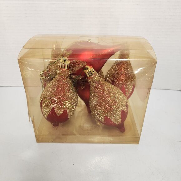6 Vintage Red Satin Glass Teardrop Gold Glitter Christmas Ornaments - Picture 1 of 2